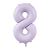A purple foil number balloon shaped like the number 8.