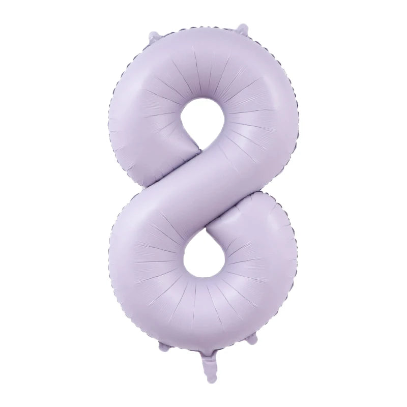 A purple foil number balloon shaped like the number 8.