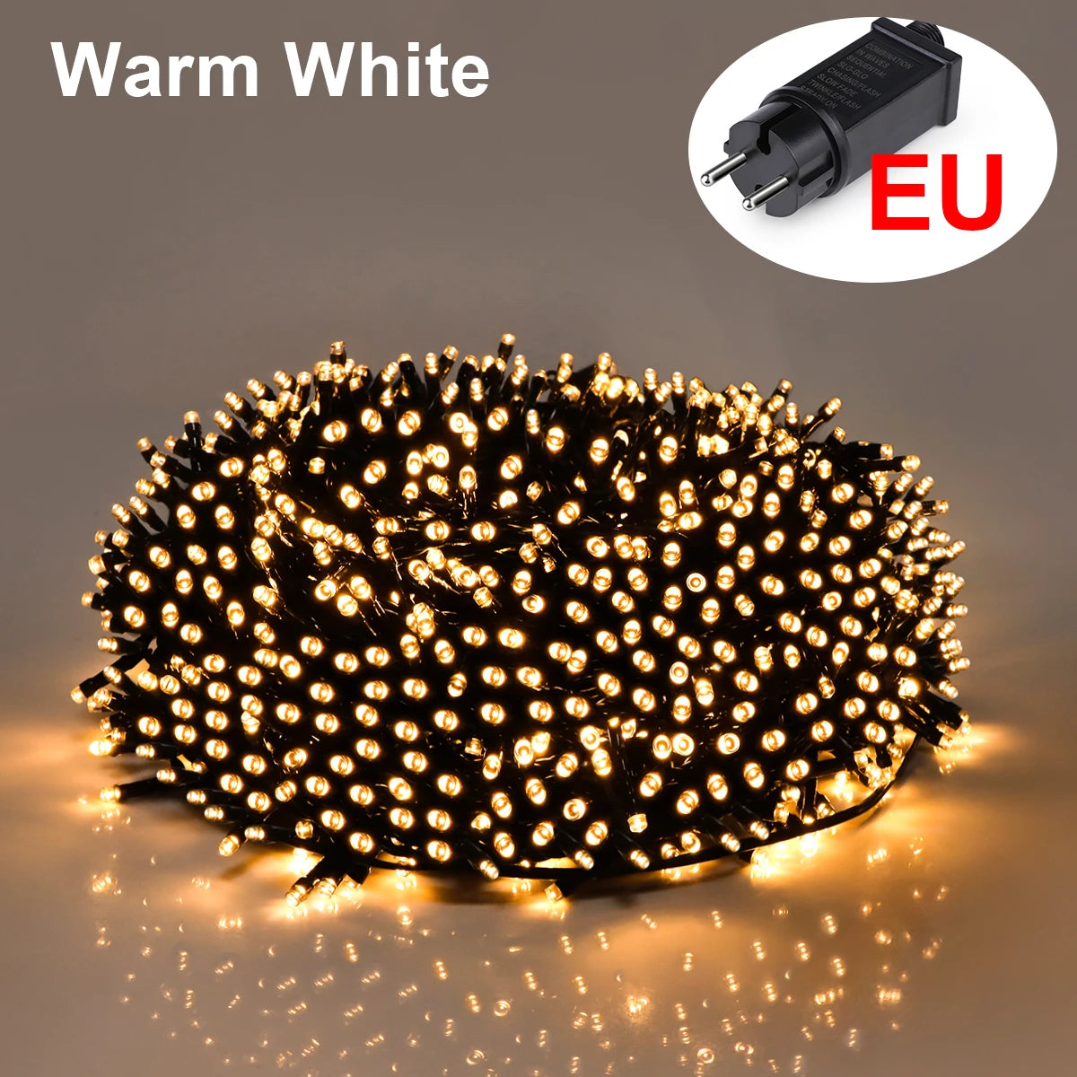 A close-up view of warm white LED string lights illuminating a dark background.