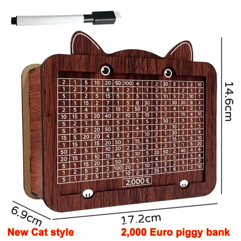 Une tirelire en bois avec une grille transparente pour les pièces et un couvercle.
