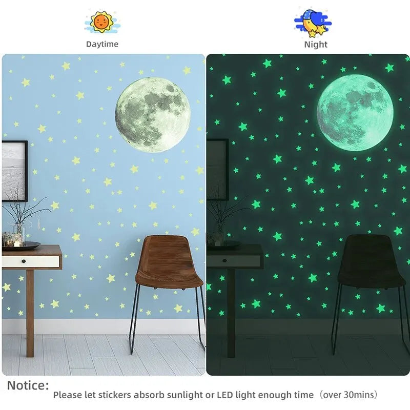 A split image showing a daytime scene with a moon and stars on a light blue wall, and a night scene with a glowing moon and g