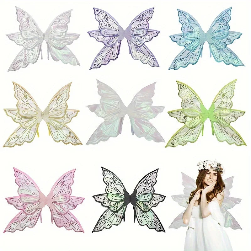 A collection of various butterfly wings in pastel colors and a set featuring black and green wings with a flower crown.