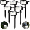 Two black solar powered motion sensor spot lights mounted on a pole, with an inset showing the light beam.