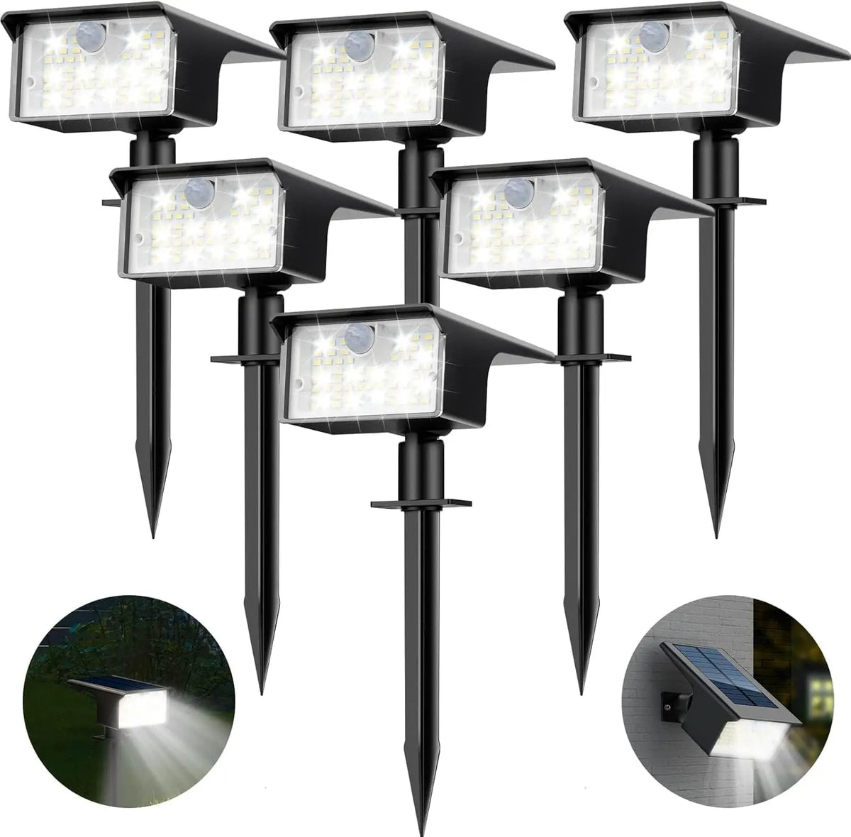 Two black solar powered motion sensor spot lights mounted on a pole, with an inset showing the light beam.