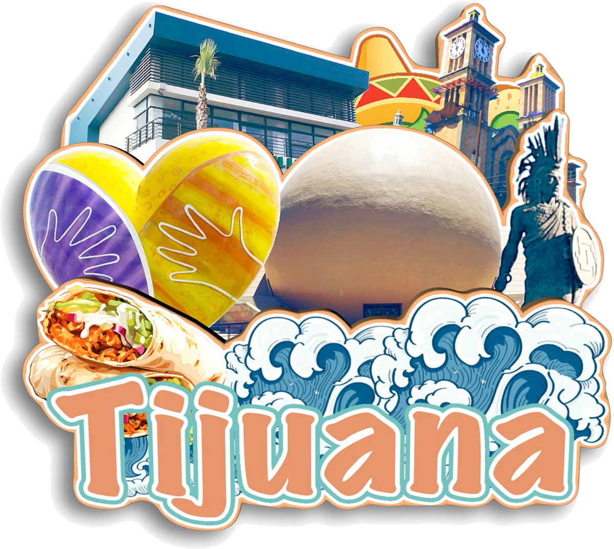 A collection of wooden refrigerator magnets featuring scenes and elements related to Tijuana.