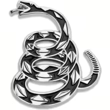 A silver-toned 3D metal snake emblem or decal featuring intricate scales and a curved tail.