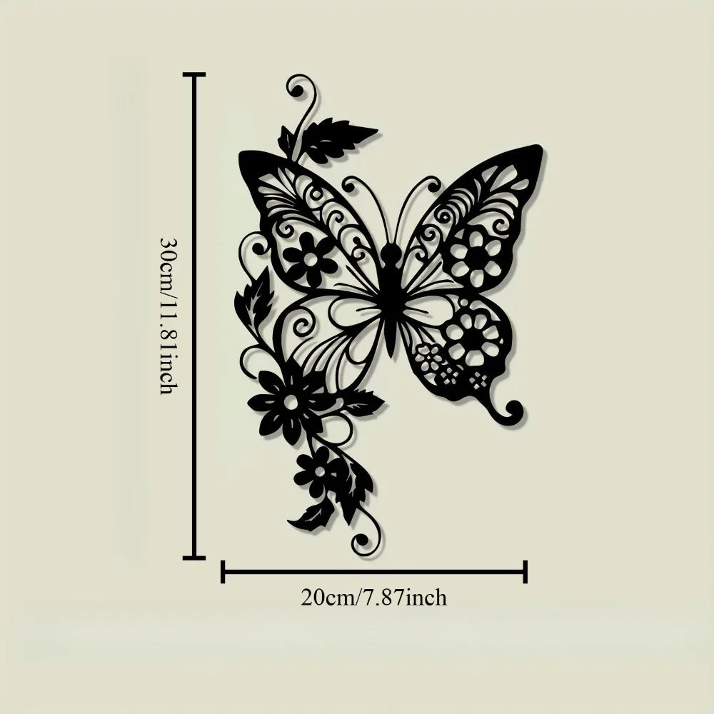 Black metal art of an Art Nouveau butterfly with intricate floral patterns on a beige background.