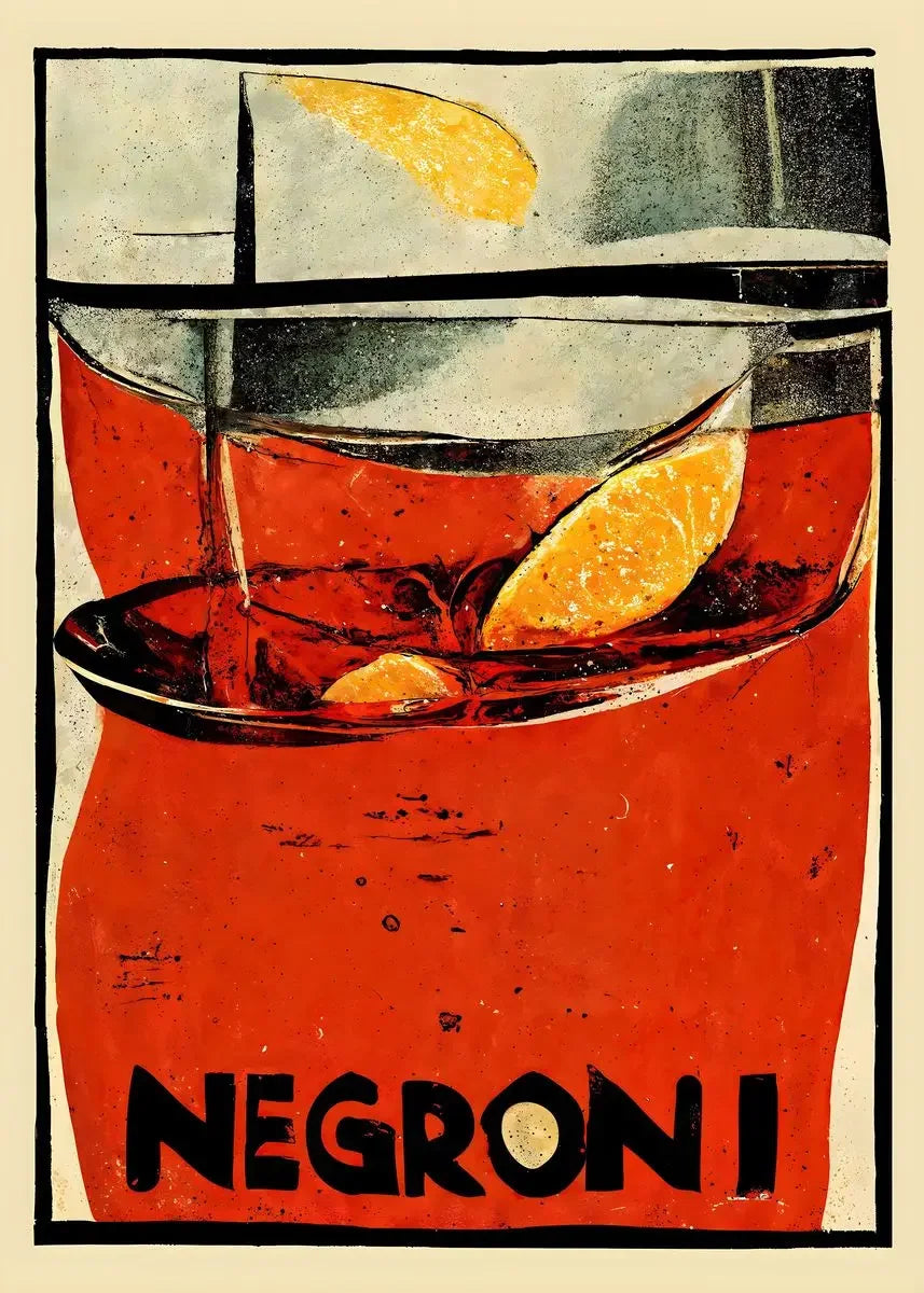 Vintage canvas art depicting a Negroni cocktail in a glass with an orange slice.