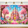 A vibrant illustration of a pink princess castle surrounded by pink trees and flowers for a birthday party backdrop.