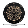 A round wooden divination board with a central sun design and directional words like YES, MAYBE, WAIT, NO, NOW, REPHRASE.