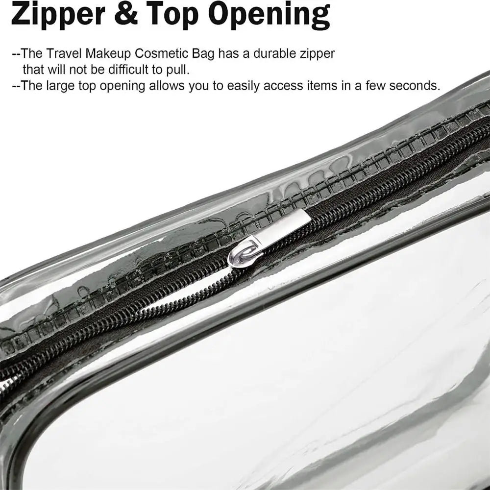 Close-up view of a transparent waterproof toiletry bag showing a durable zipper closure.