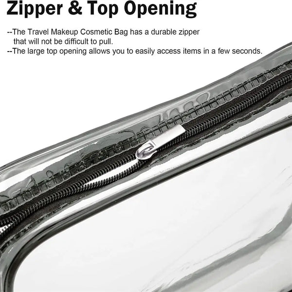 Close-up view of a transparent waterproof toiletry bag showing a durable zipper closure.