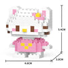 A white and pink animal model built from micro building blocks, shown with dimensions.