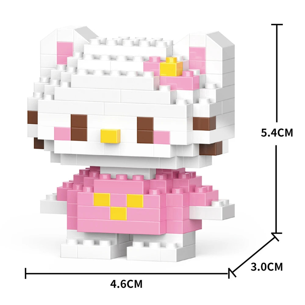 A white and pink animal model built from micro building blocks, shown with dimensions.