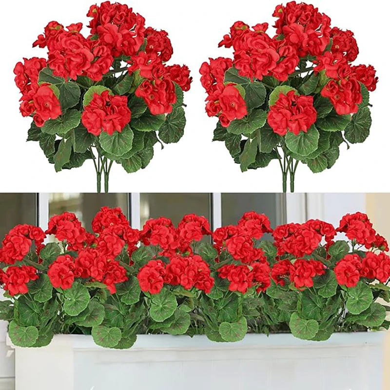Two bunches of lifelike red silk faux geranium flowers for outdoor and indoor decor