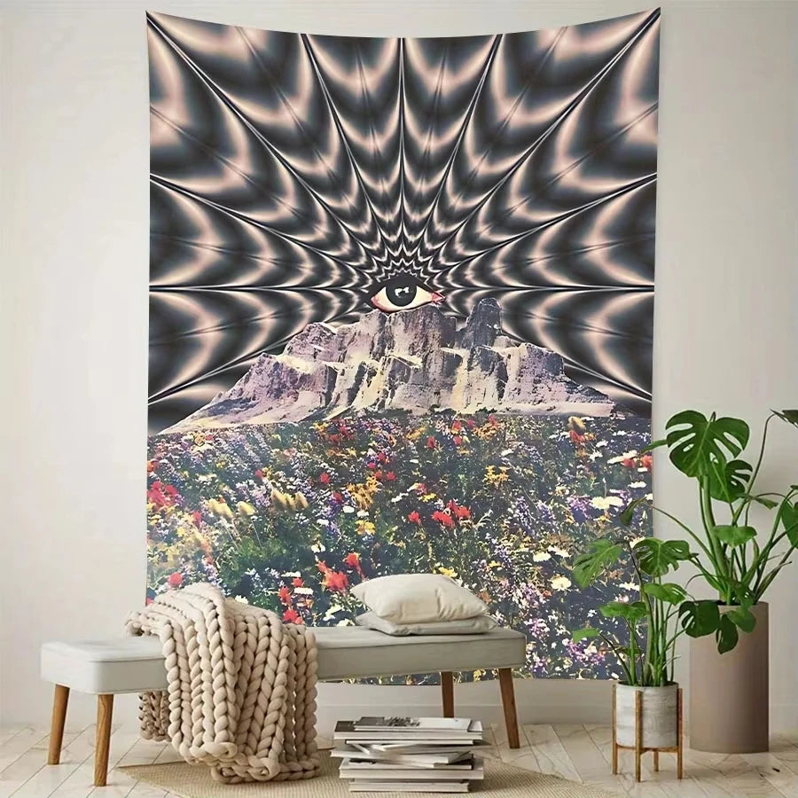 Wall tapestry featuring a psychedelic eye design radiating from a mountain landscape covered in colorful flowers