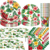 A set of tropical hibiscus party tableware including paper plates, cups, and napkins with vibrant floral patterns.