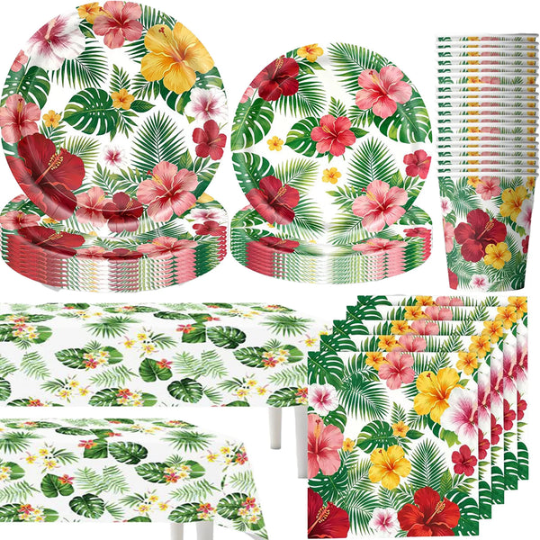 A set of tropical hibiscus party tableware including paper plates, cups, and napkins with vibrant floral patterns.