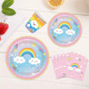 A set of colorful disposable paper plates, cups, and napkins featuring rainbows and clouds for a party theme.
