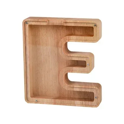 Wooden alphabet letter E piggy bank coin box for kids in light wood color