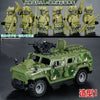 A detailed model of a military off-road jeep built from building blocks in green and camouflage colors.
