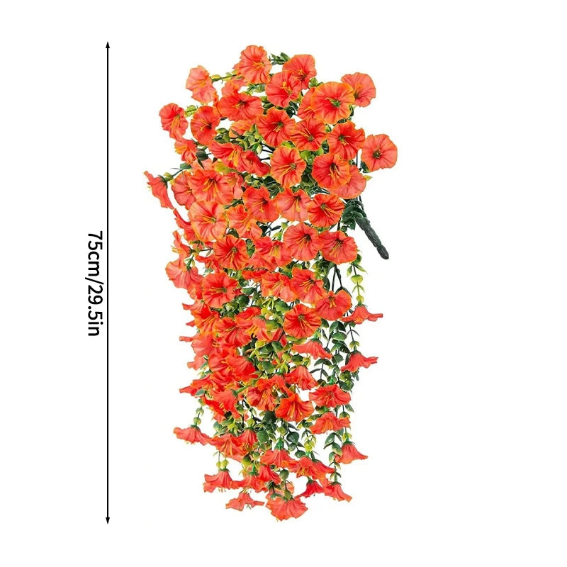A vertical arrangement of vibrant orange silk morning glory vine hanging flowers for home decor.