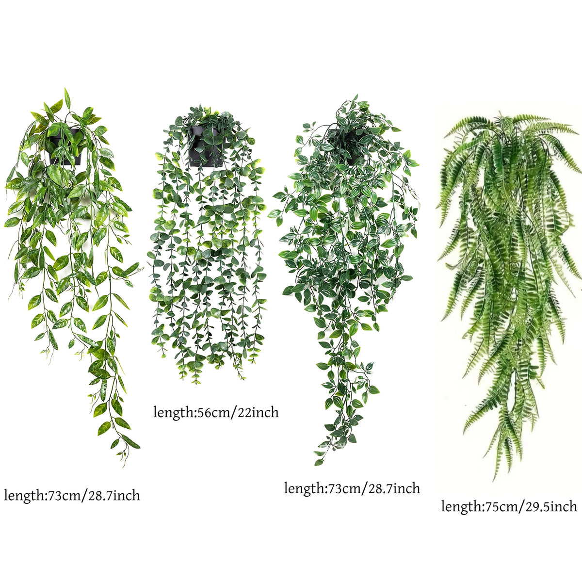 Four strands of artificial eucalyptus hanging vines shown in various lengths.