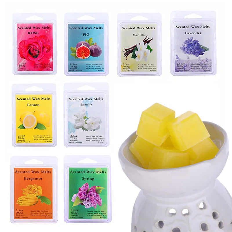 A collection of scented wax melts in various floral scents like Rose, Lemon, and Lavender, displayed next to a yellow wax blo