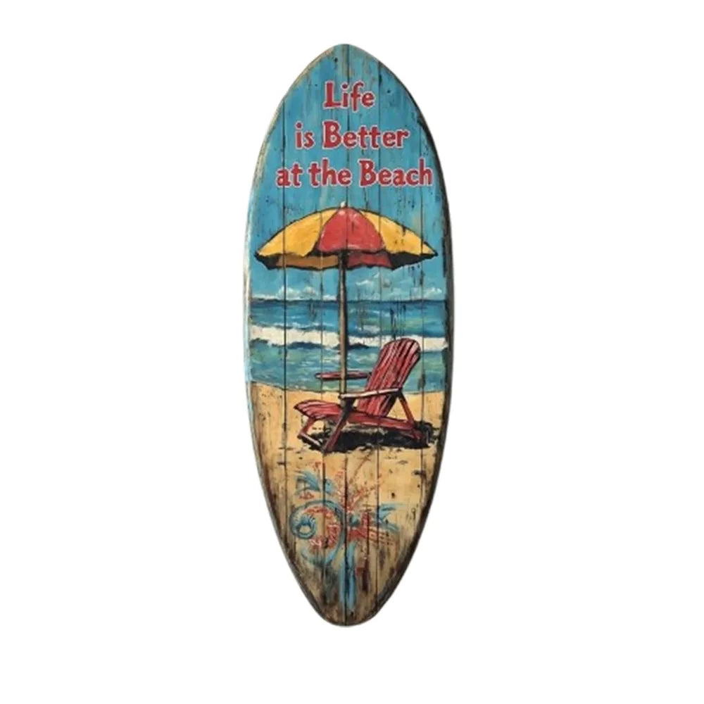 A wooden surfboard wall art featuring the text Life is Better at the Beach and a depiction of a beach umbrella.