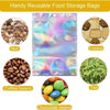 Holographic rainbow resealable bags for storing nuts, cookies, coffee beans, tea, and chocolate beans.
