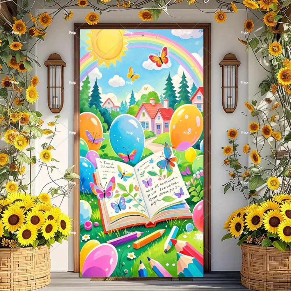 A colorful door banner featuring a sun, rainbow, and various butterflies and flowers for welcome back to school decor.