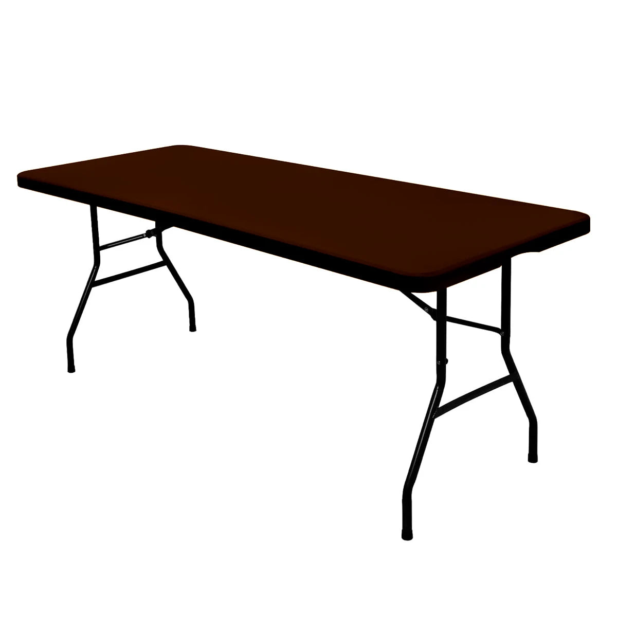 A dark brown stretch spandex tablecloth set with black metal legs.