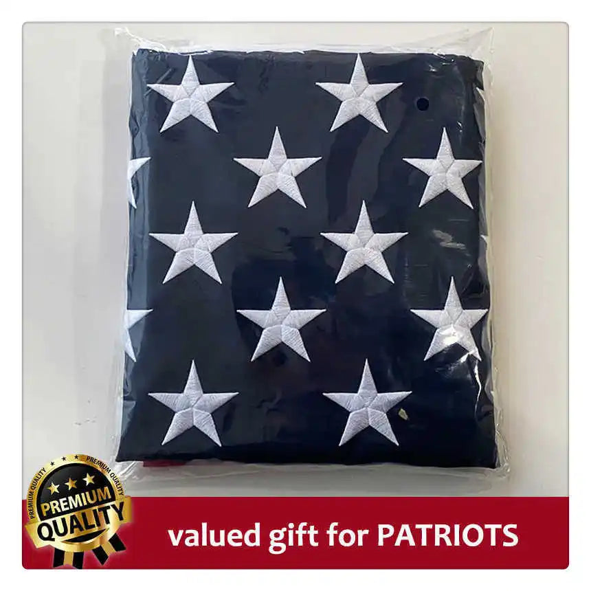 Black fabric embroidered with white stars resembling an American flag, packaged as a valued gift for patriots.