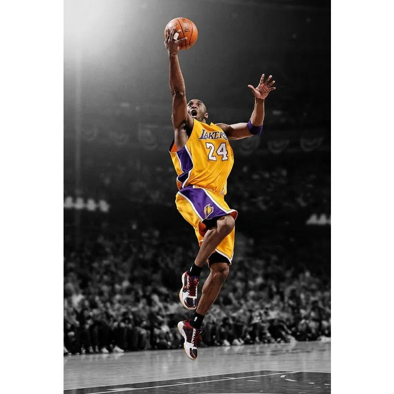 A male basketball player in a yellow and purple uniform is shown mid-air dunking the ball.