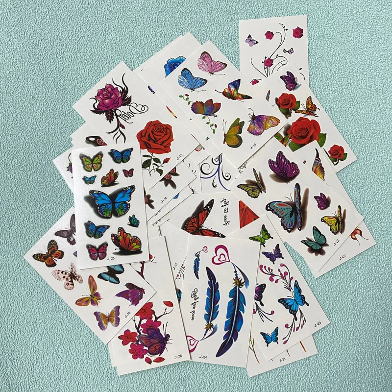 A collection of 30 waterproof temporary body art stickers featuring various colorful butterflies and floral designs.