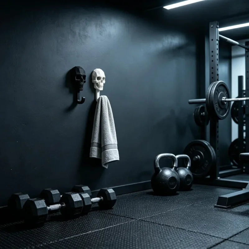 A set of two gothic skull wall hooks mounted on a dark gray wall in a gym or fitness setting.