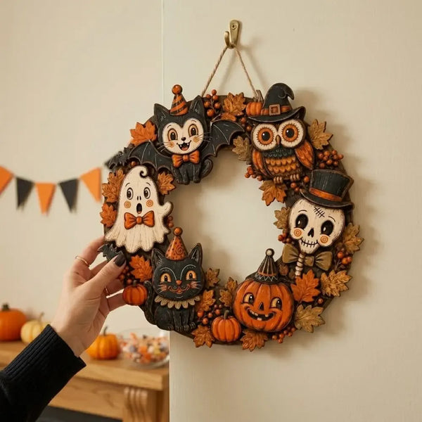 A vintage wooden Halloween wreath featuring carved cats, owls, and pumpkins, displayed on a light-colored wall.