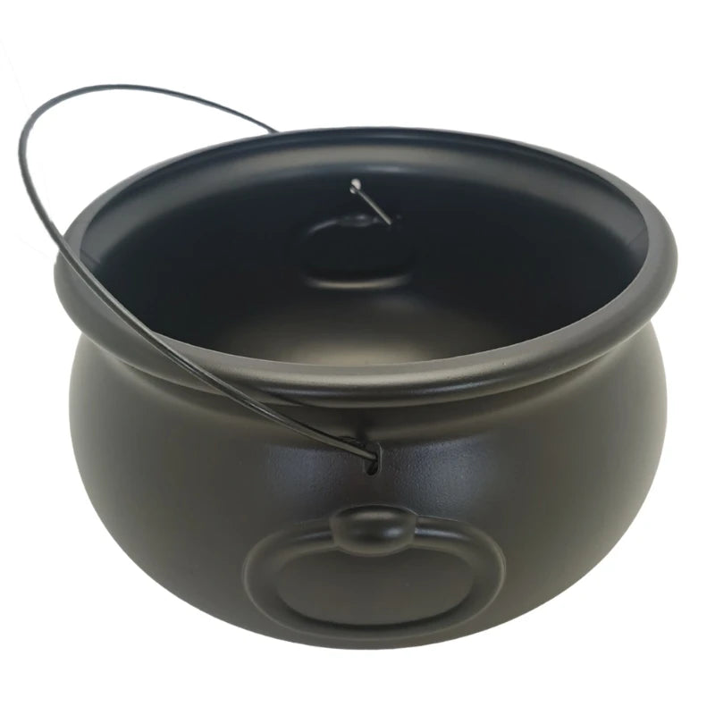 A black cauldron candy bowl with a handle, shown from above.