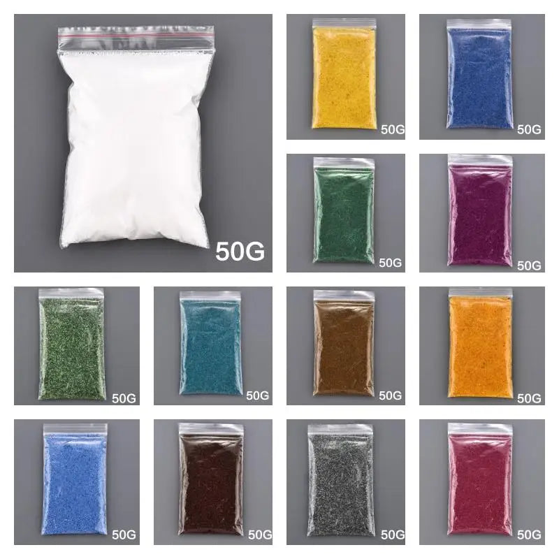 A grid showing various colors of sand pigment in 50g packages, including yellow, blue, green, purple, orange, and red.