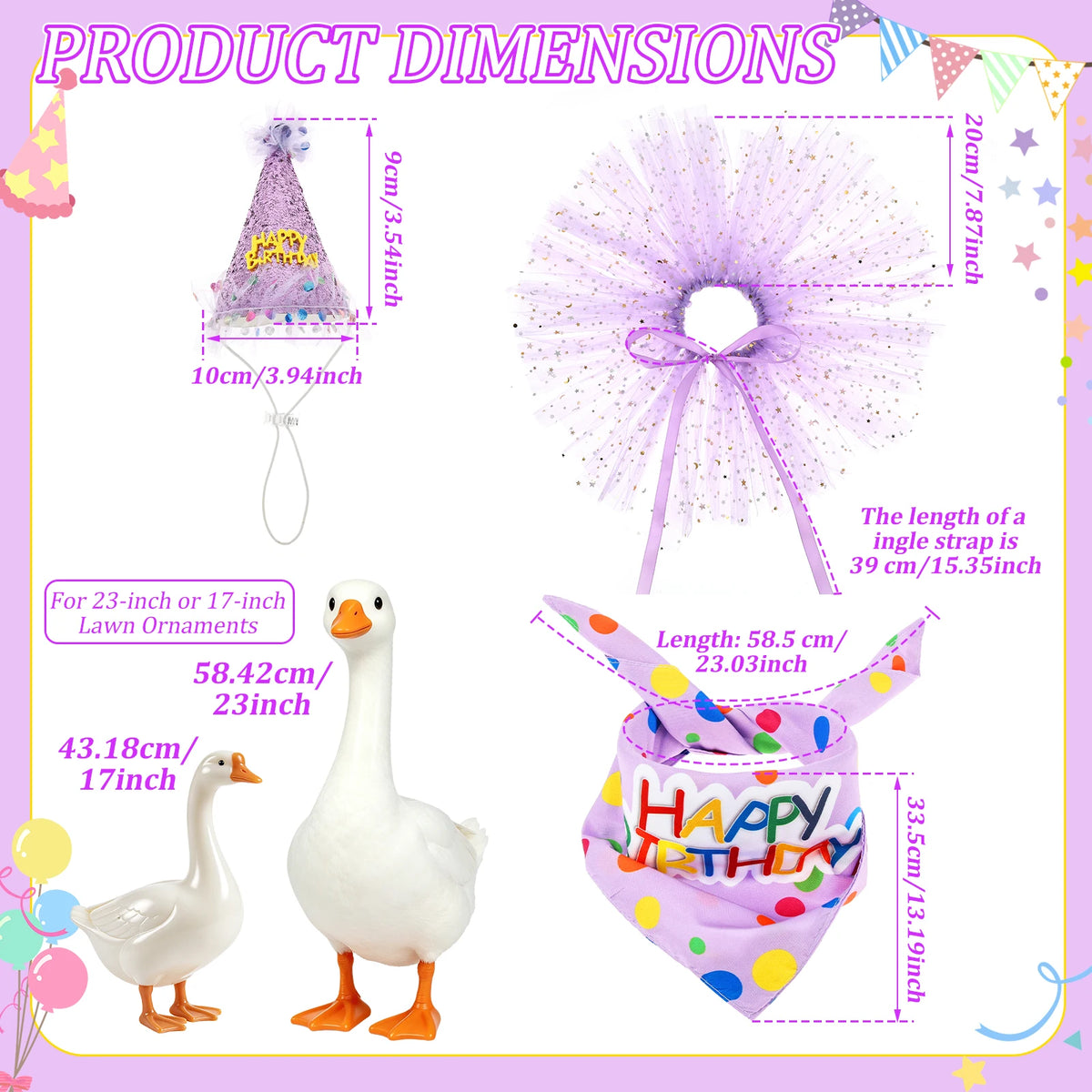 A set of decorative birthday costumes featuring white goose figures and purple tissue paper decorations.