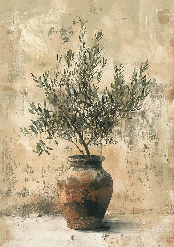 A potted olive tree in an earthy terracotta vase against a textured, vintage background.