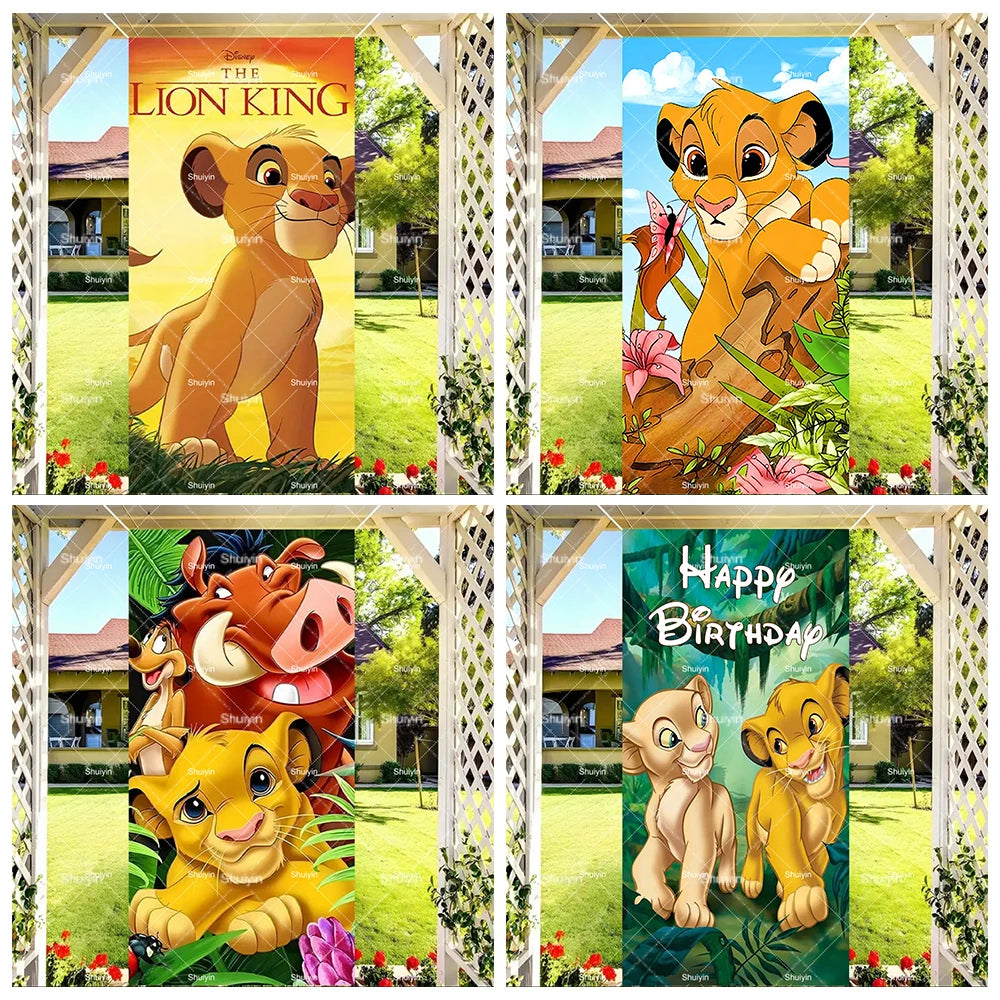 Four panels featuring Disney's Lion King characters in various poses for a birthday party backdrop.