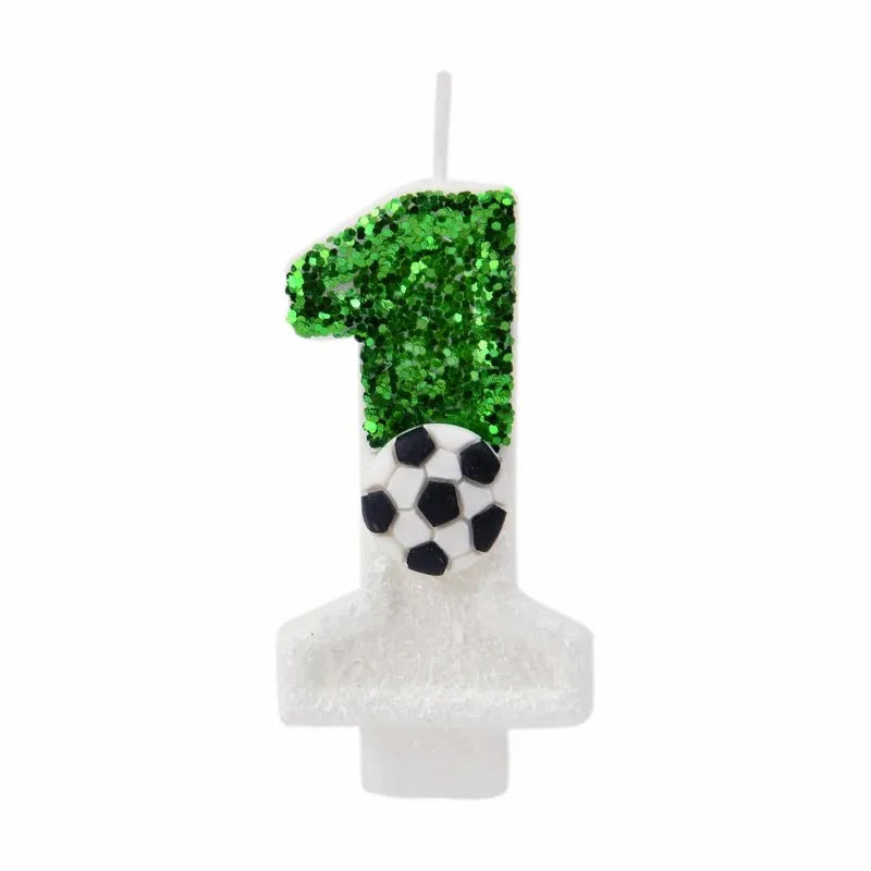 A birthday candle shaped like the number four covered in green glitter and a white base.