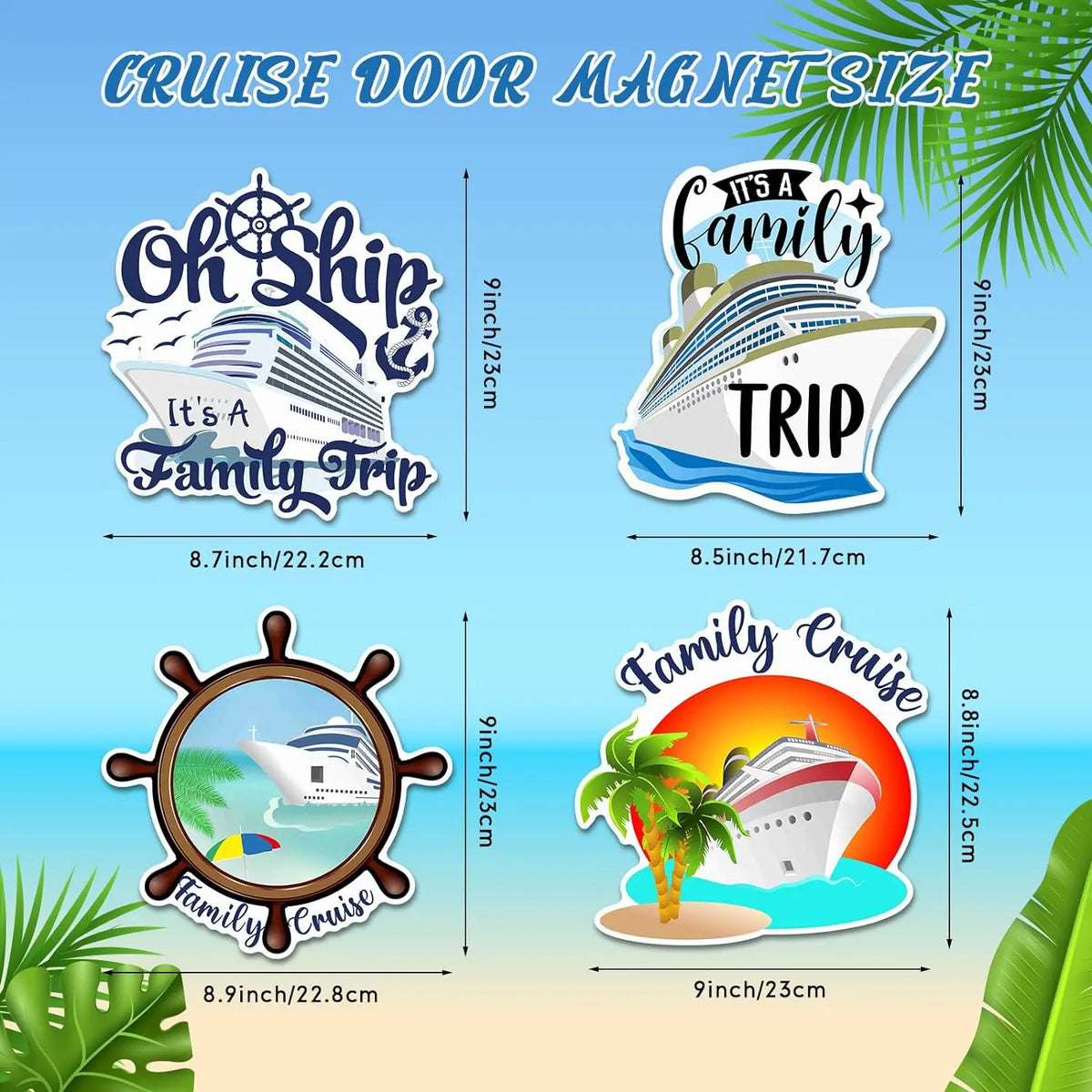 A set of four magnetic cruise door decorations featuring text and boat designs for family trips and cruises.