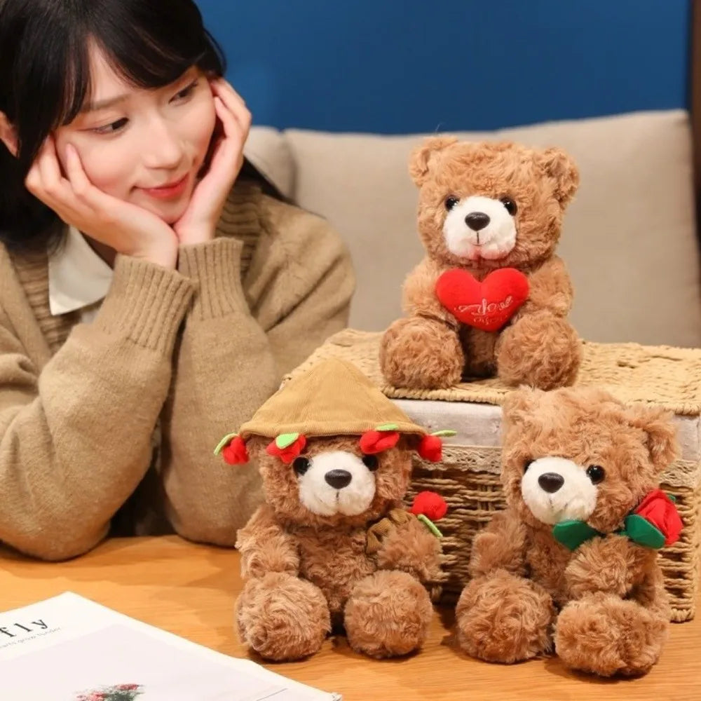 A close-up of a brown teddy bear plush toy sitting next to a girl, with another bear in the foreground.
