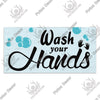 Rustic wooden sign with black text that reads Wash your hands, featuring light blue and teal accents.