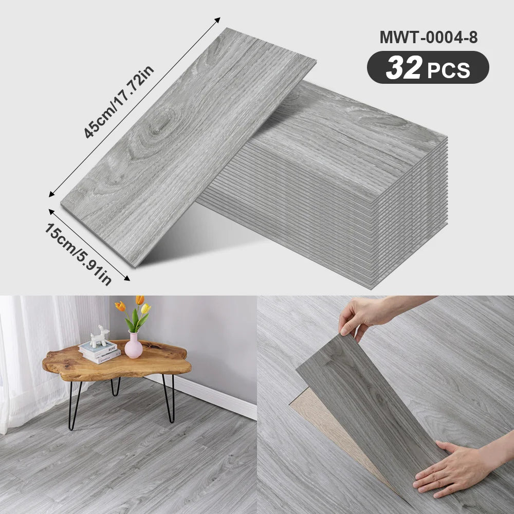 A pack of 32 wood grain peel-and-stick floor and wall stickers in gray, showing the size of a single piece.