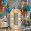 A glowing LED marquee number balloon frame sits on a table surrounded by balloons and celebratory decorations.