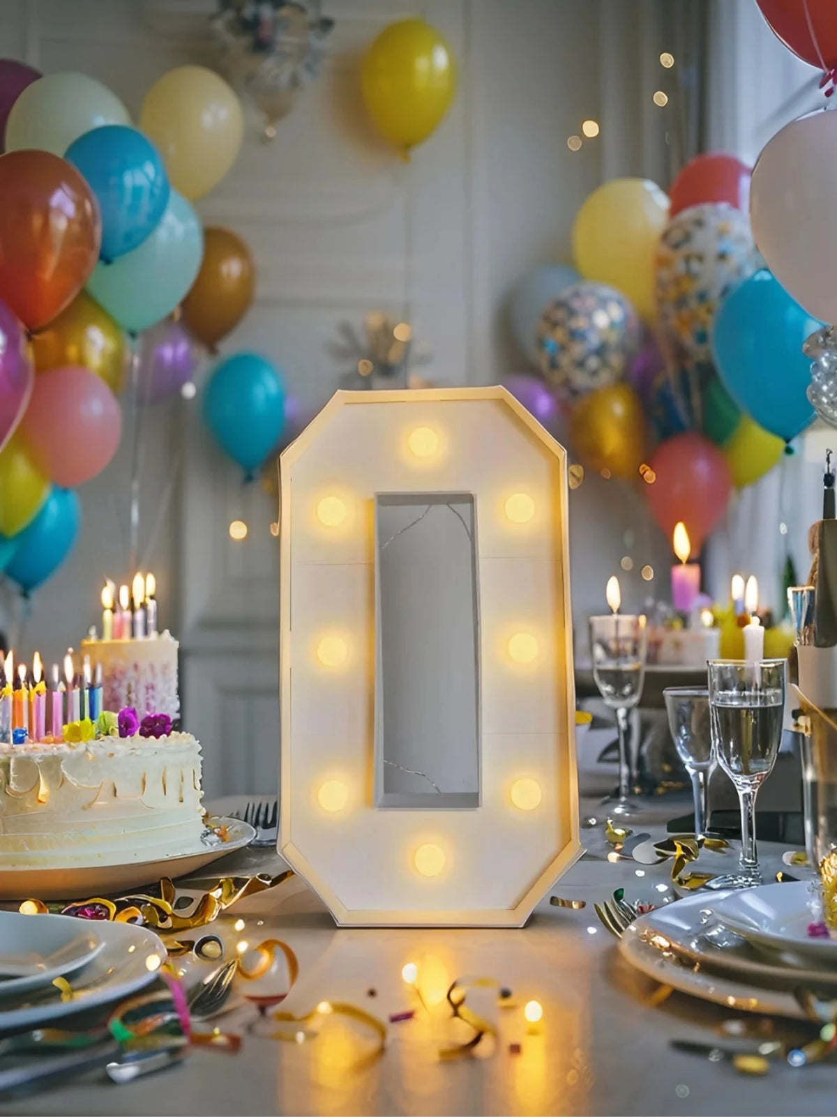 A glowing LED marquee number balloon frame sits on a table surrounded by balloons and celebratory decorations.