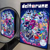 A poster featuring characters and text from Deltarune with a dark blue and purple color scheme.
